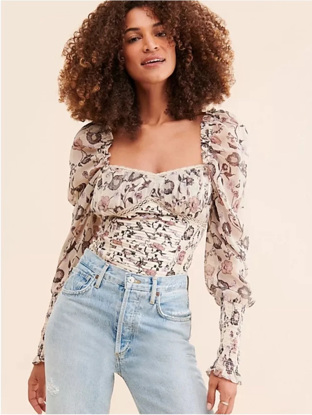 Free People Brunch Date Floral Smocked Bodysuit S